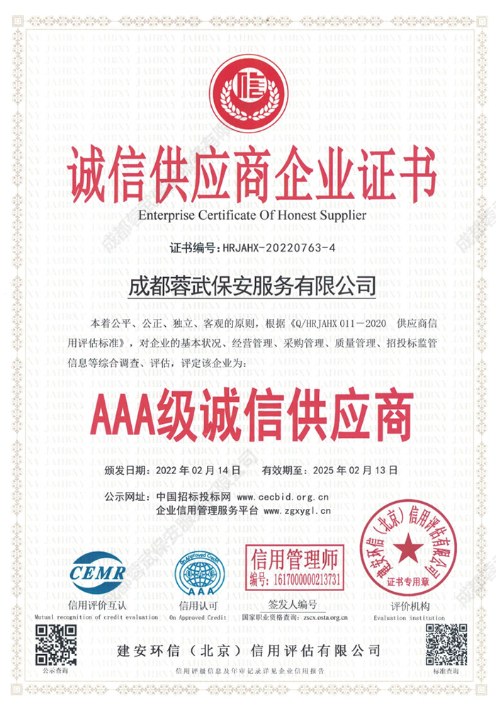蓉武优秀供应商荣誉证书